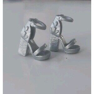 Barbie Fashion Doll Silver High Heels Strappy Ankle Textured Shoes